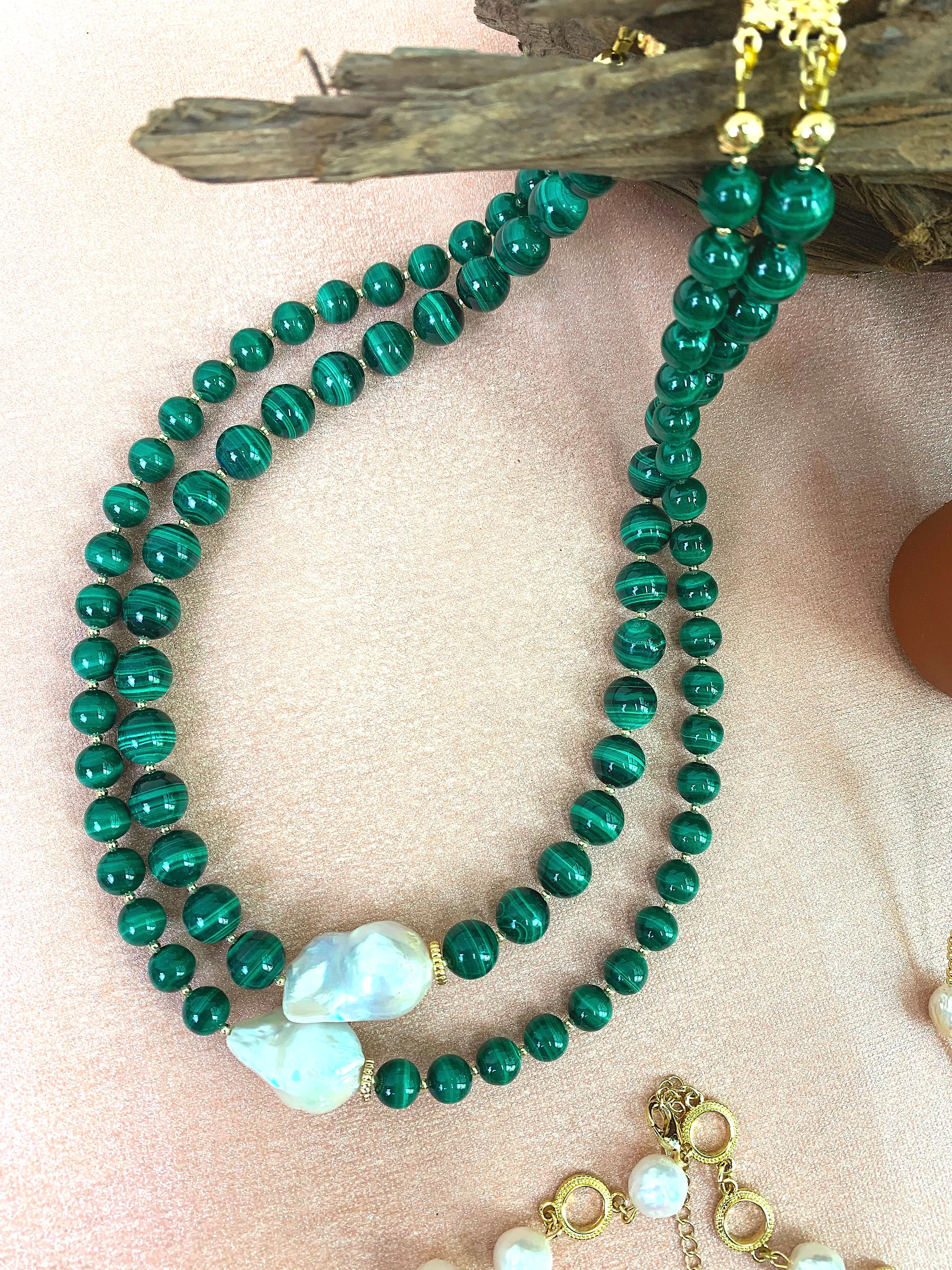 Malachite With Baroque Pearls Double Strands Necklace EN001