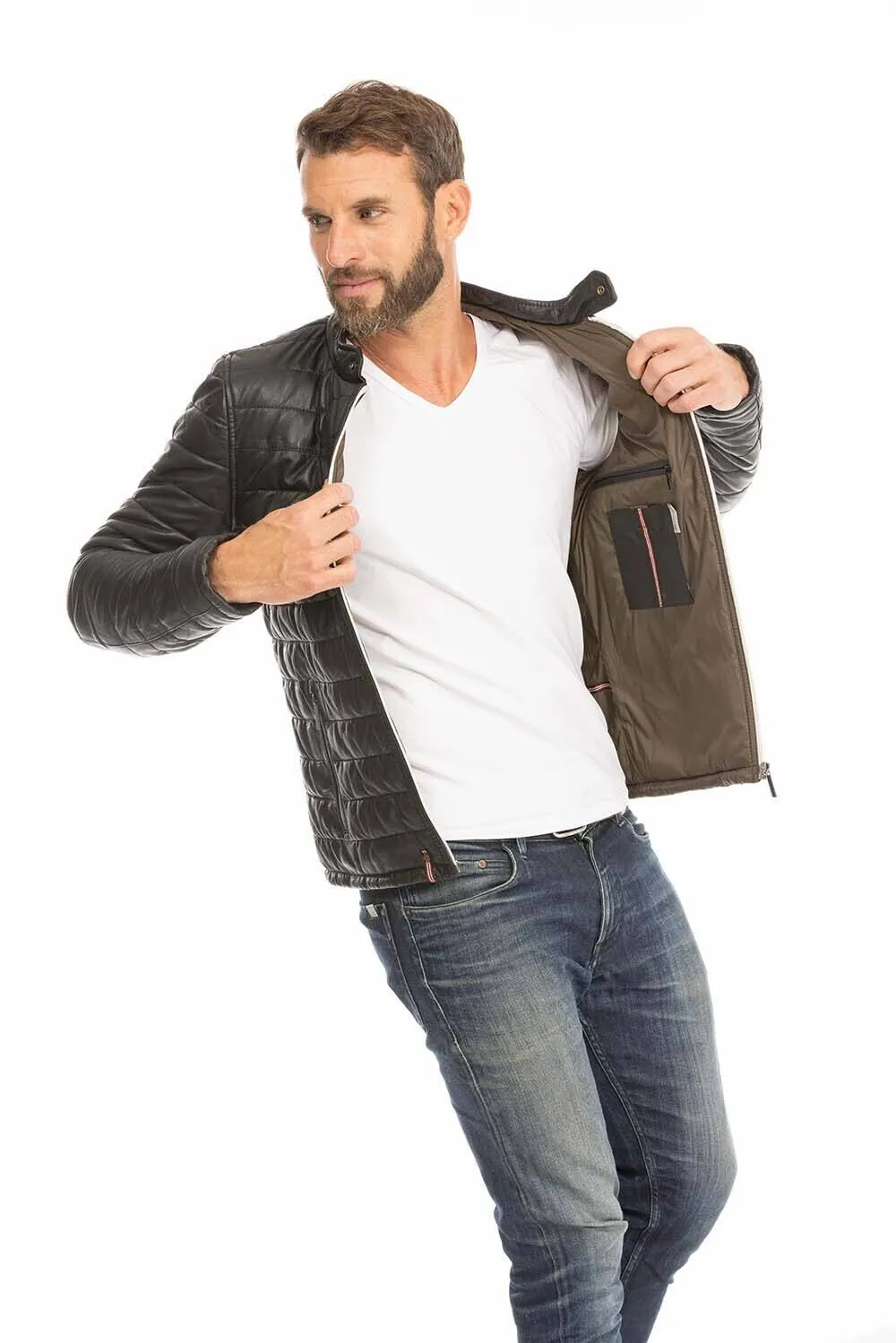 Men's black leather down jacket 64027