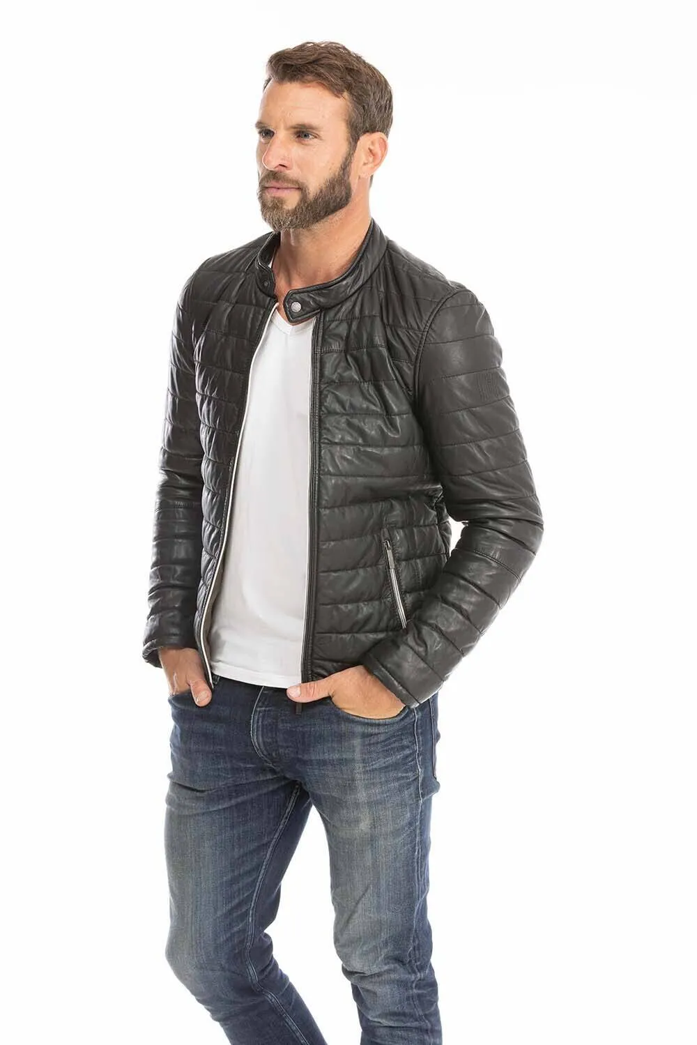 Men's black leather down jacket 64027