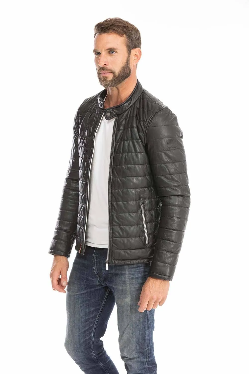 Men's black leather down jacket 64027