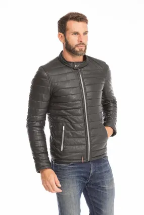 Men's black leather down jacket 64027