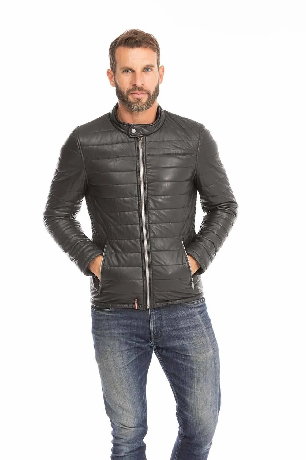 Men's black leather down jacket 64027