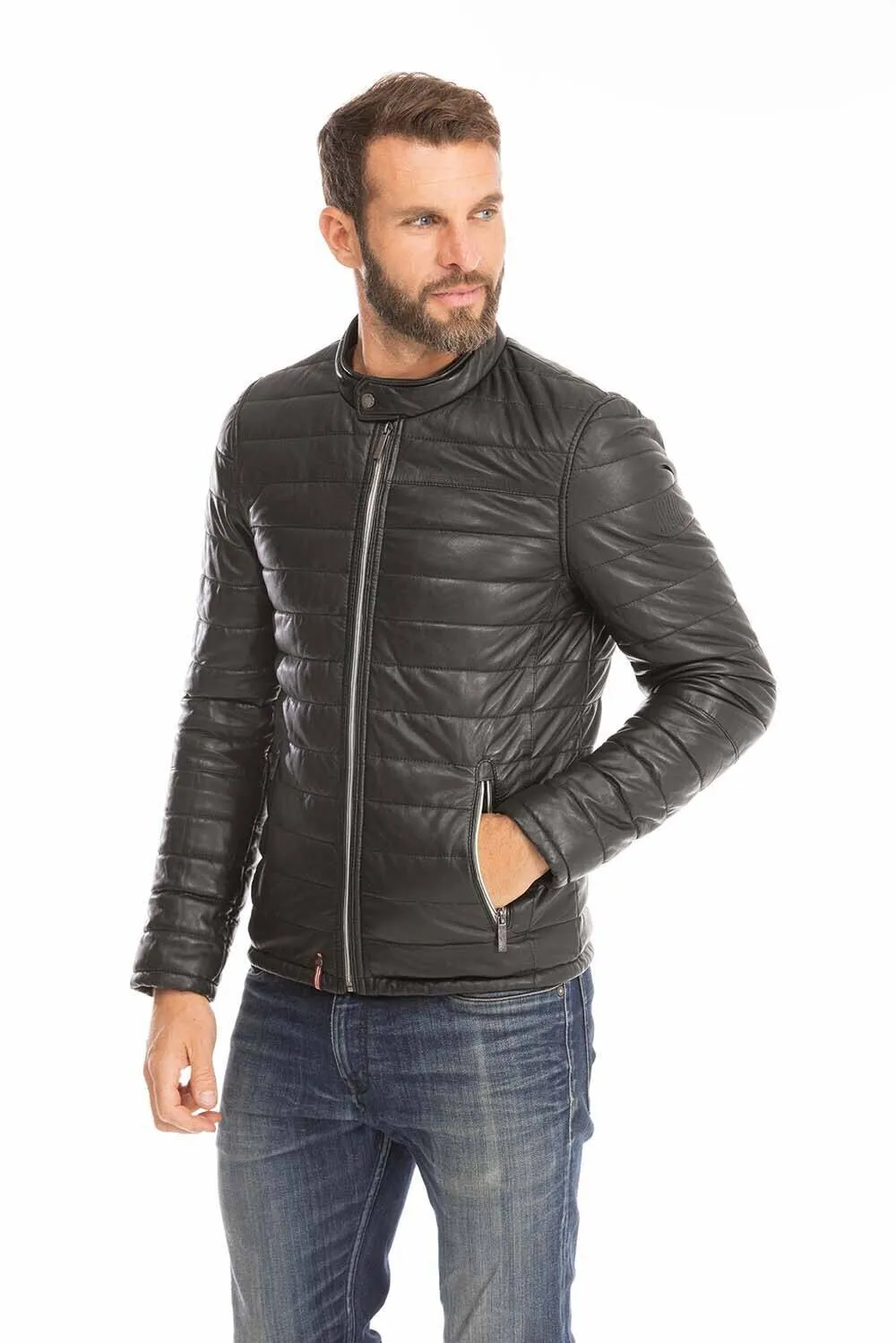 Men's black leather down jacket 64027