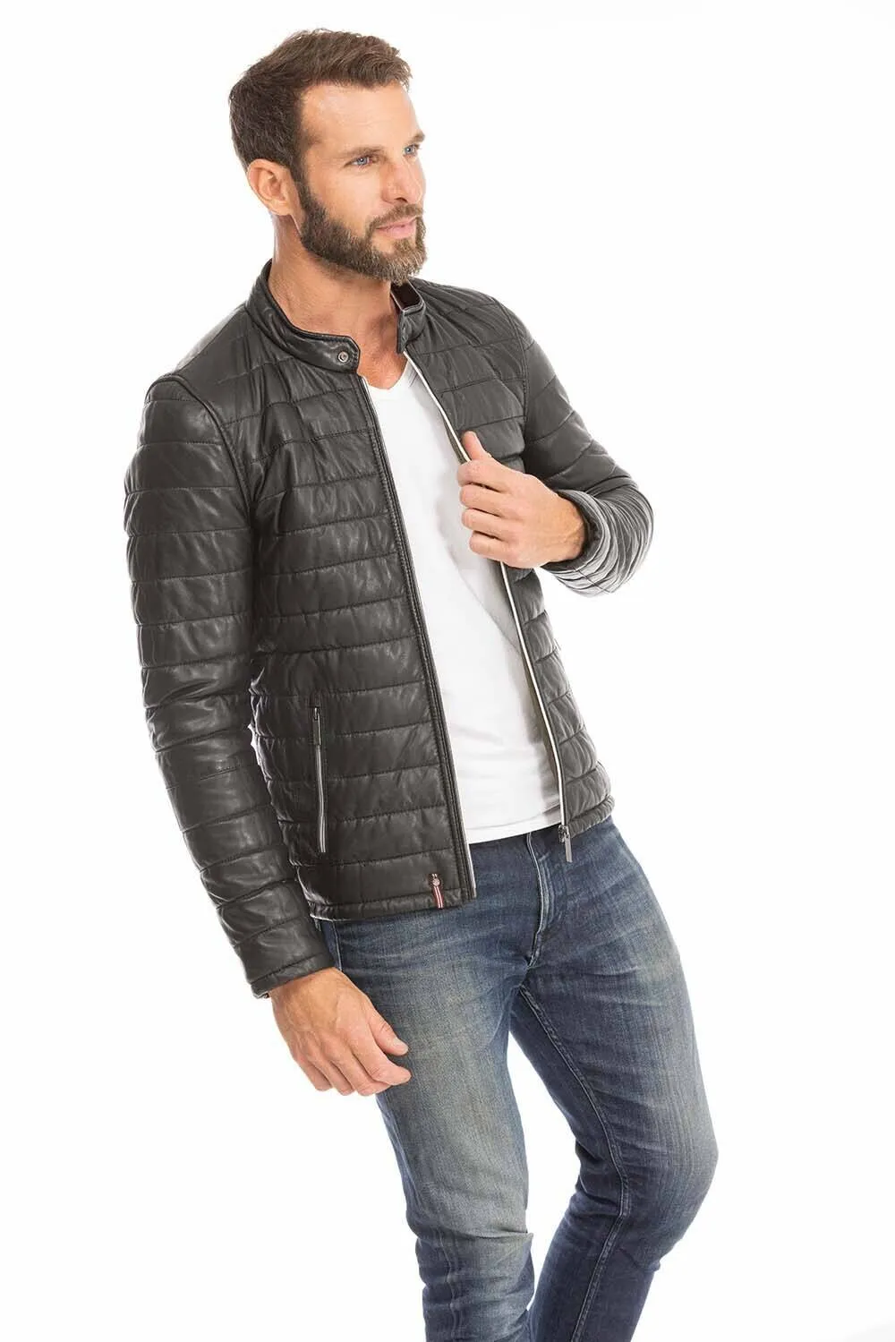 Men's black leather down jacket 64027