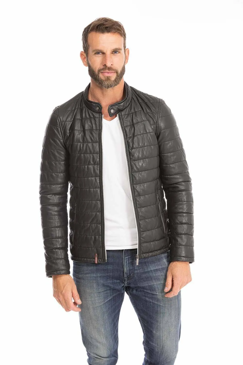 Men's black leather down jacket 64027