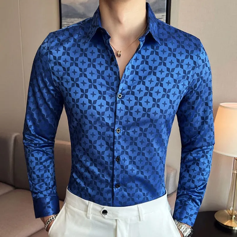 Men's Casual Geometric Pattern Turn-down Collar Long Sleeve Shirt