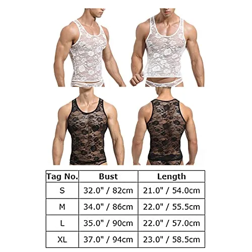 Men's Sissy Lace Mesh Fishnet Undershirt Floral Muscle Shirt Sheer See Through Tanks Top Sleeveless Slim Fit Semi Transparent Ve