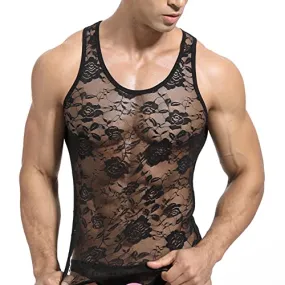 Men's Sissy Lace Mesh Fishnet Undershirt Floral Muscle Shirt Sheer See Through Tanks Top Sleeveless Slim Fit Semi Transparent Ve