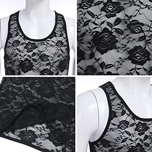 Men's Sissy Lace Mesh Fishnet Undershirt Floral Muscle Shirt Sheer See Through Tanks Top Sleeveless Slim Fit Semi Transparent Ve