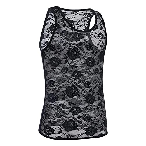 Men's Sissy Lace Mesh Fishnet Undershirt Floral Muscle Shirt Sheer See Through Tanks Top Sleeveless Slim Fit Semi Transparent Ve