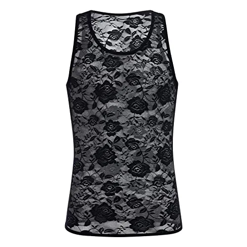 Men's Sissy Lace Mesh Fishnet Undershirt Floral Muscle Shirt Sheer See Through Tanks Top Sleeveless Slim Fit Semi Transparent Ve