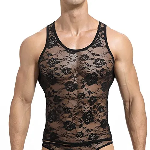 Men's Sissy Lace Mesh Fishnet Undershirt Floral Muscle Shirt Sheer See Through Tanks Top Sleeveless Slim Fit Semi Transparent Ve