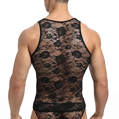 Men's Sissy Lace Mesh Fishnet Undershirt Floral Muscle Shirt Sheer See Through Tanks Top Sleeveless Slim Fit Semi Transparent Ve