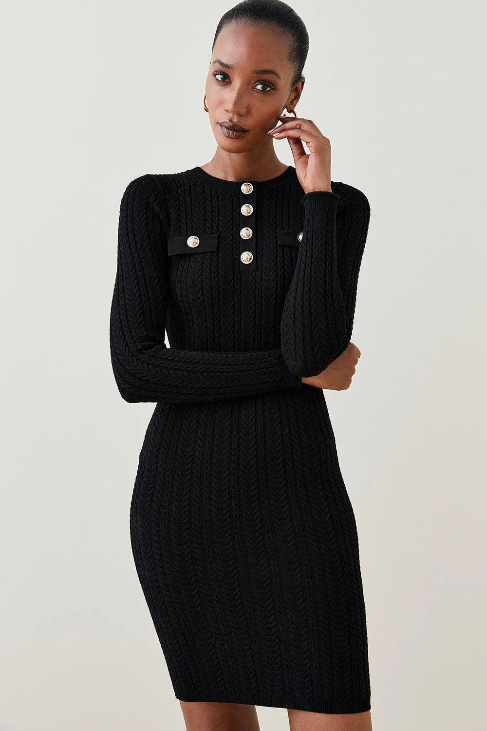 Military Trim Cable Knit Mini Dress | Karen Millen