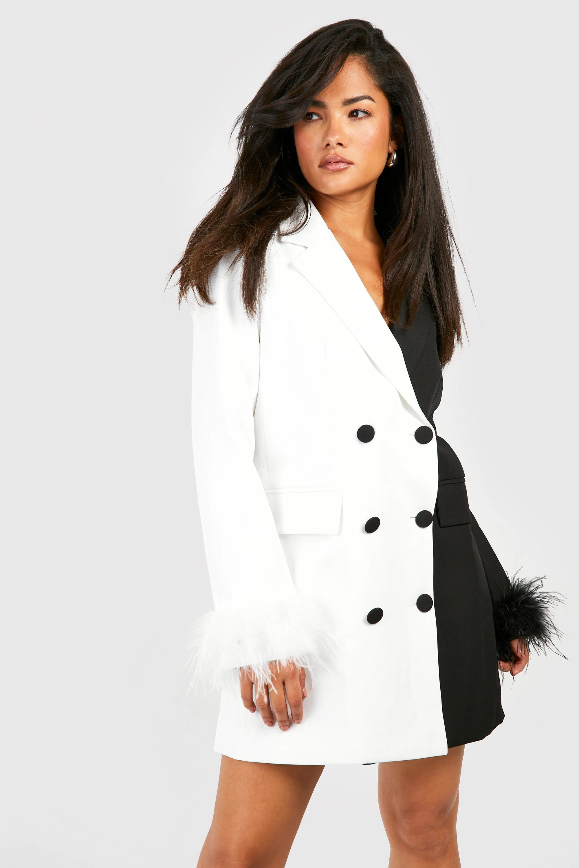 Mono Double Breasted Feather Trim Blazer Dress