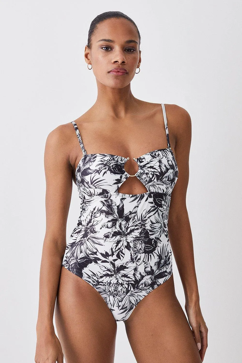 Mono Palm Print Gold Trim Cut Out Swimsuit | Karen Millen