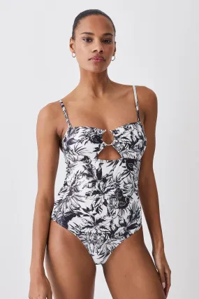 Mono Palm Print Gold Trim Cut Out Swimsuit | Karen Millen