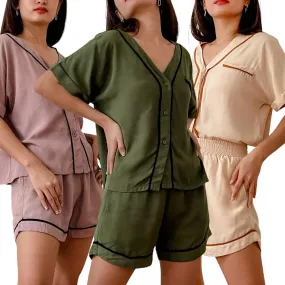 NAHLA  Woven Button Down V-Neck Top and Shorts Set