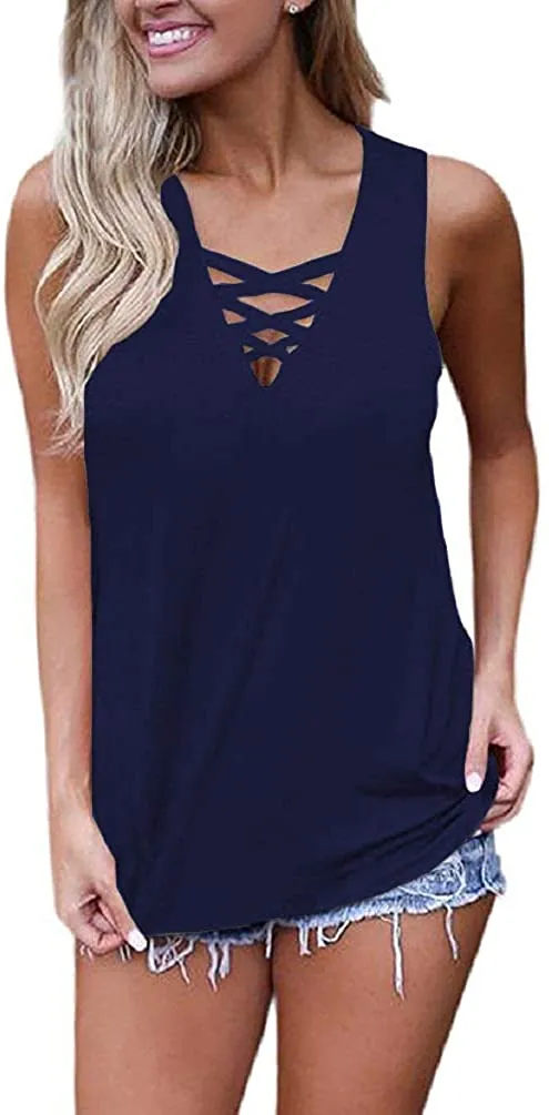 New Summer Sleeveless Criss Cross Casual Tank Tops Basic Lace up Top Ladies Tank Tops