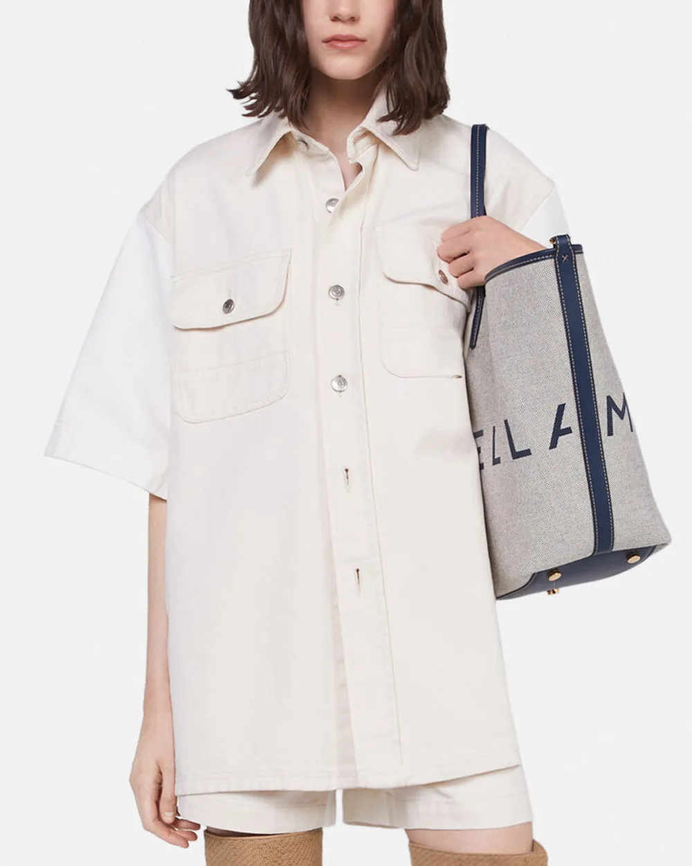 Oversized Denim Shirt in White and Ecru