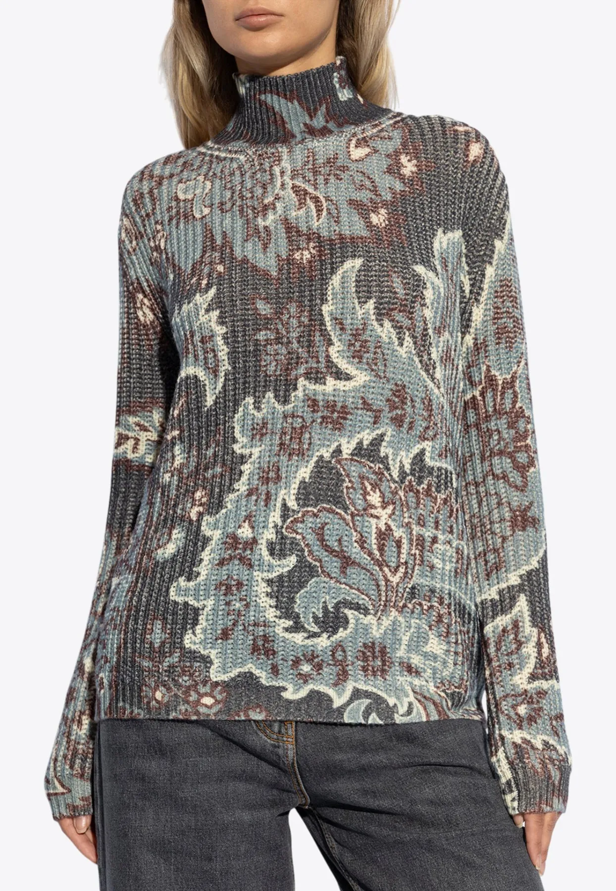 Paisley Print Turtleneck Wool Sweater