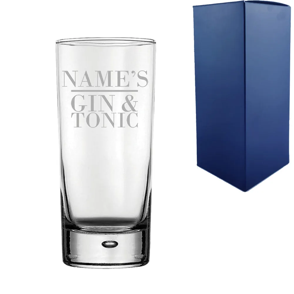 Personalised Engraved Novelty Bubble Hiball Tumbler, Name's Gin and Tonic, Gift Boxed, The Perfect Gift for Gin Lovers for Birth