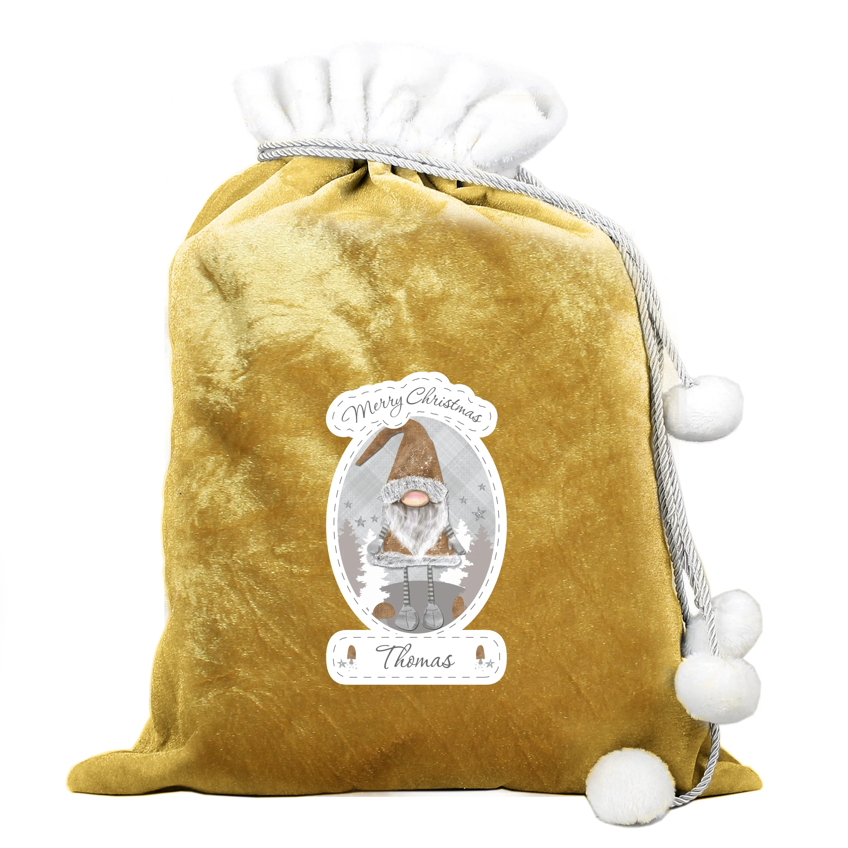 Personalised Gonk Luxury Pom Pom Gold Sack