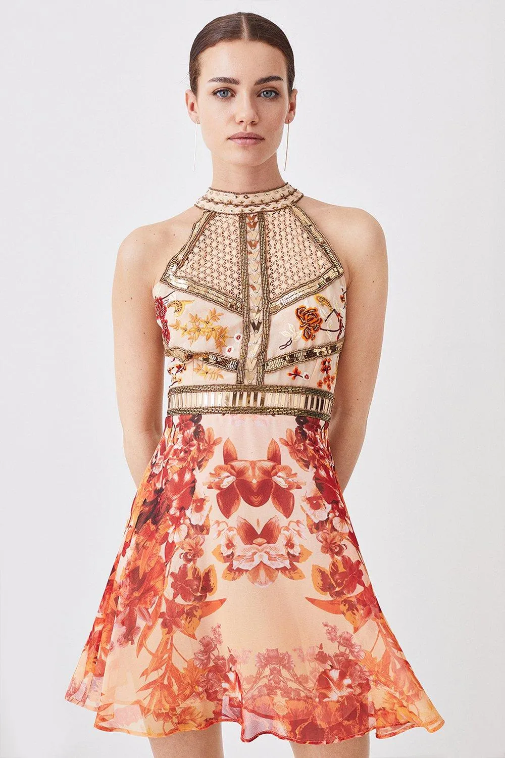 Petite Beaded And Embroidery Woven Mini Dress | Karen Millen