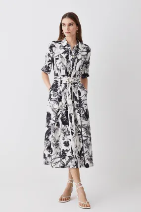 Petite Floral Batik Premium Linen Woven Shirt Dress | Karen Millen