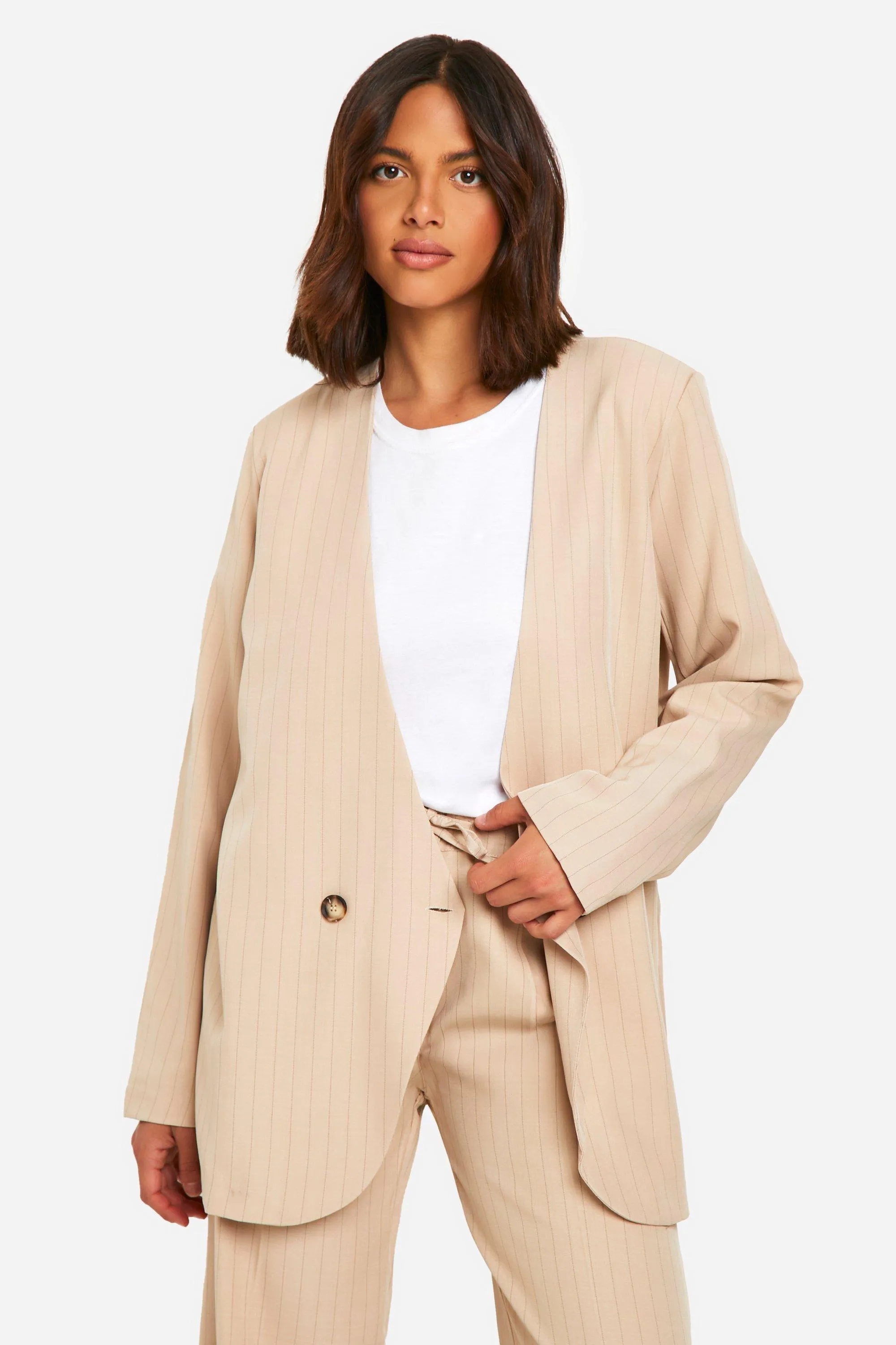 Pinstripe Collarless Oversized Longline Blazer