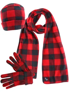 Plaid Fleece 3 Piece Hat Scarf & Glove Set