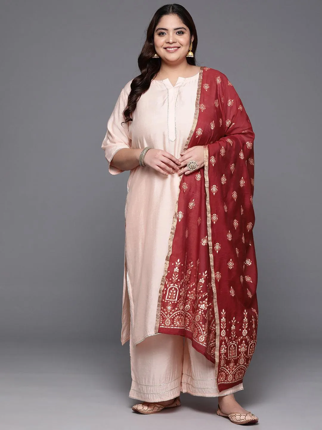 Plus Size Peach Solid Silk Blend Straight Suit With Dupatta