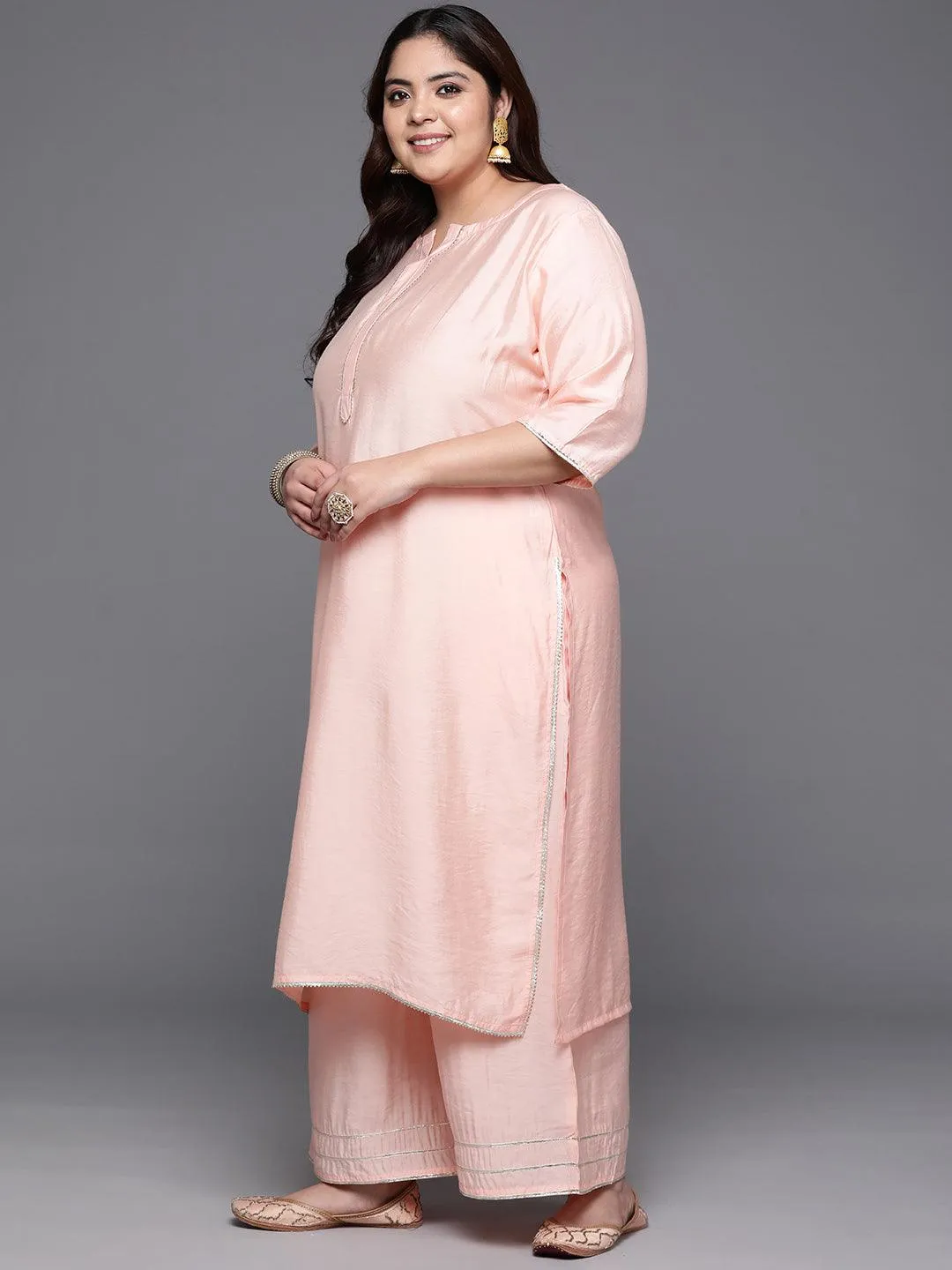 Plus Size Peach Solid Silk Blend Straight Suit With Dupatta