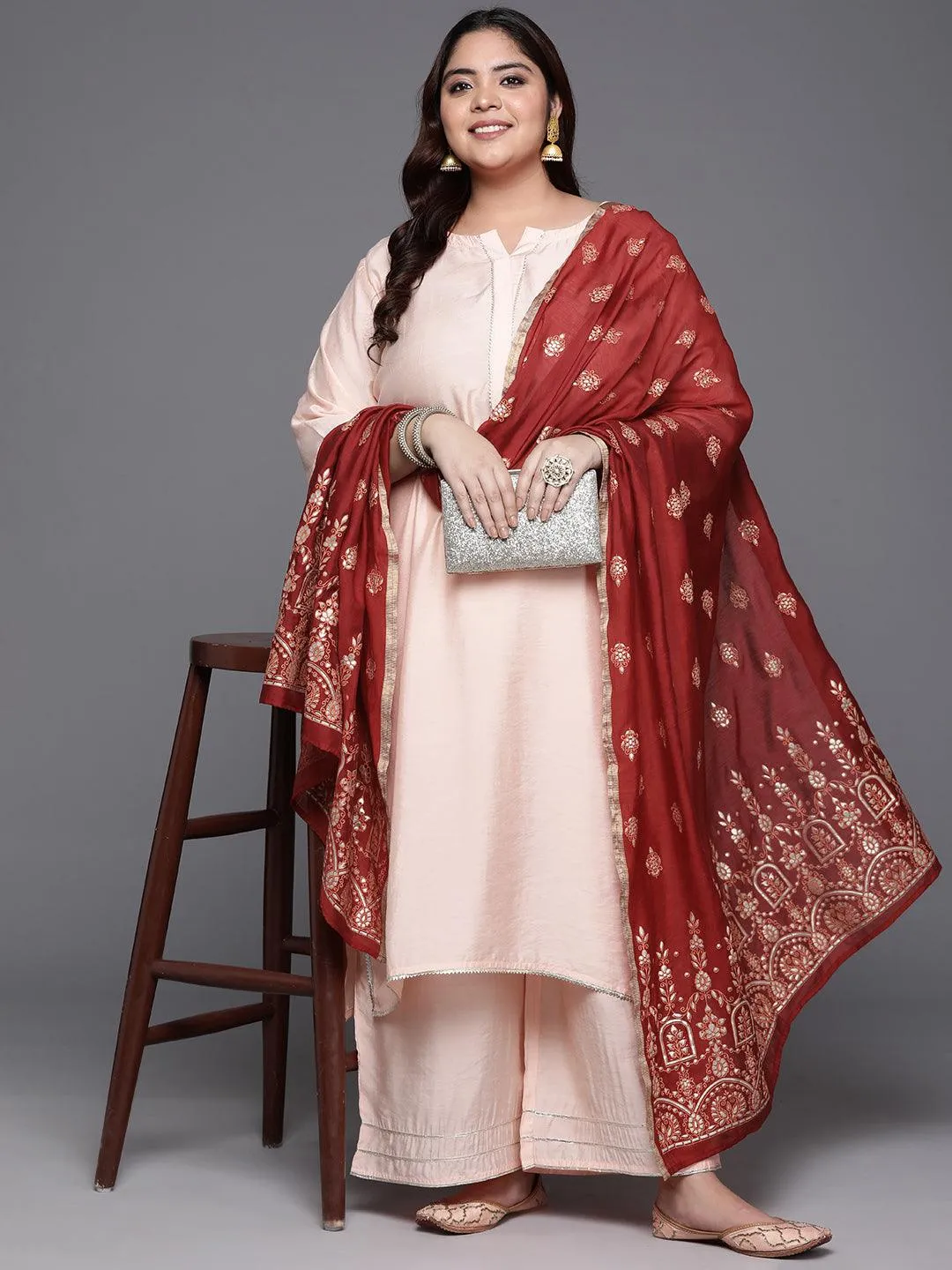 Plus Size Peach Solid Silk Blend Straight Suit With Dupatta