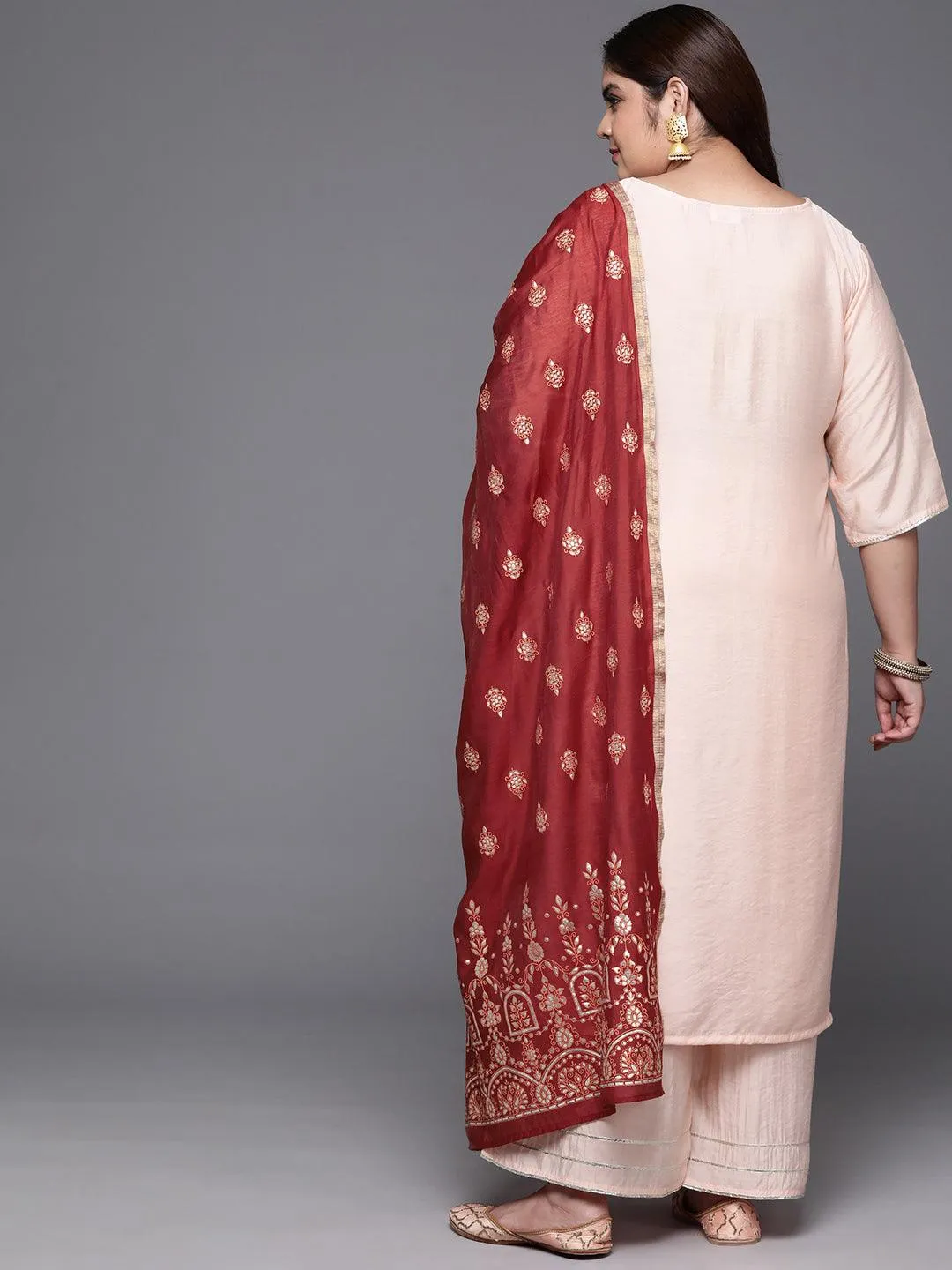 Plus Size Peach Solid Silk Blend Straight Suit With Dupatta