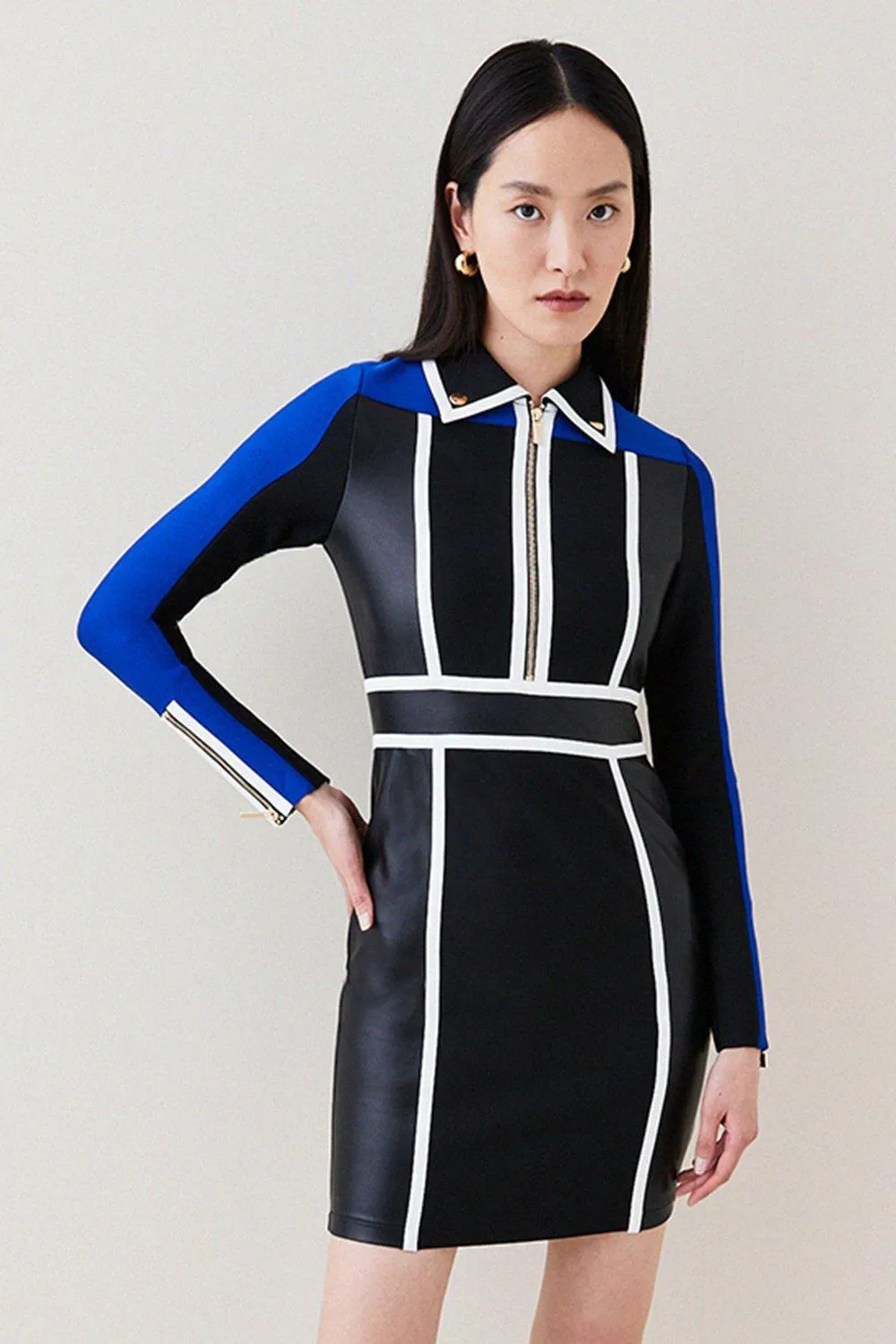 Pu Colour Block And Bandage Knit Mini Dress | Karen Millen