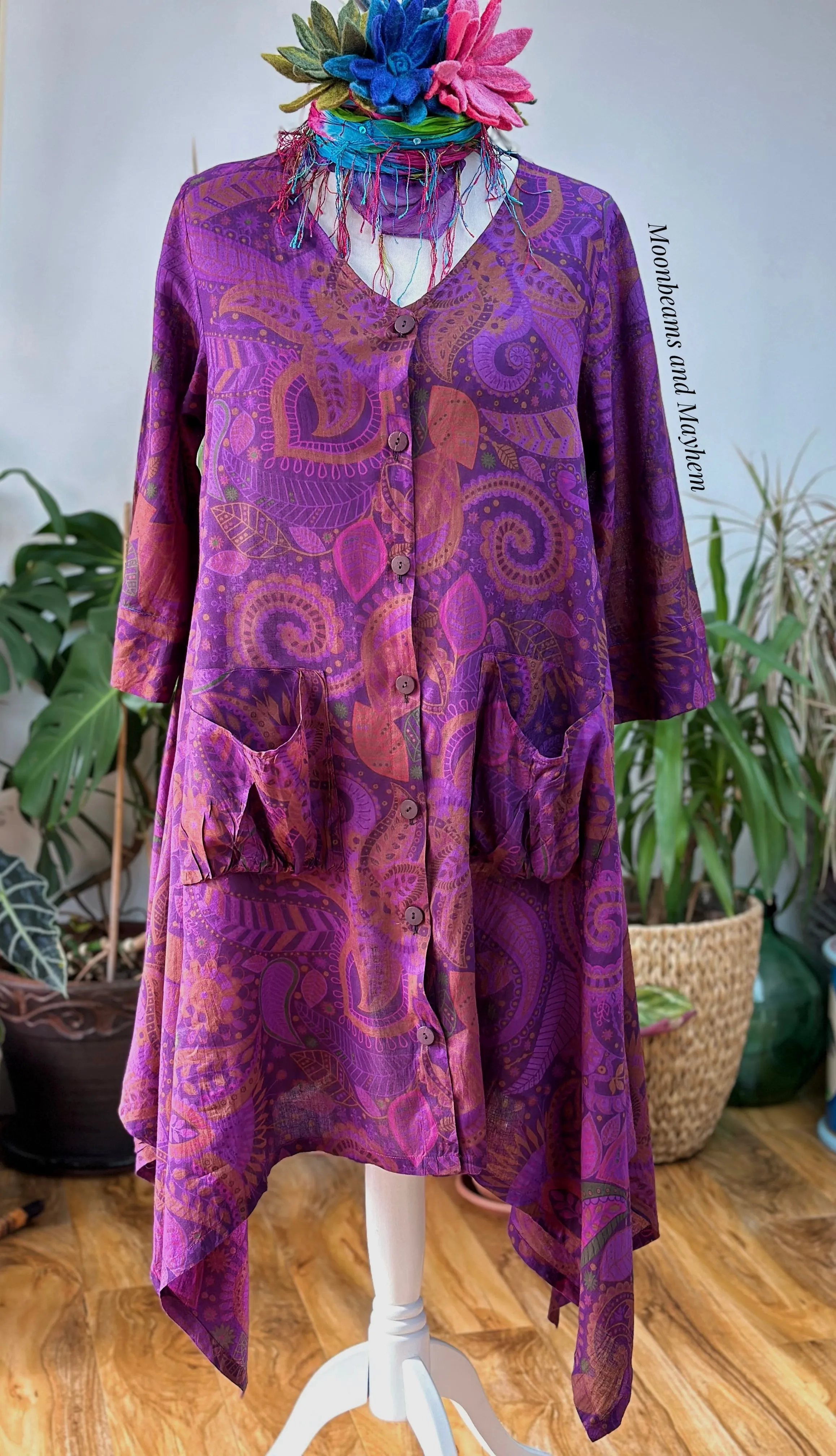 PURPLE  COTTON SMOCK DRESS / TUNIC SIZE L / XL