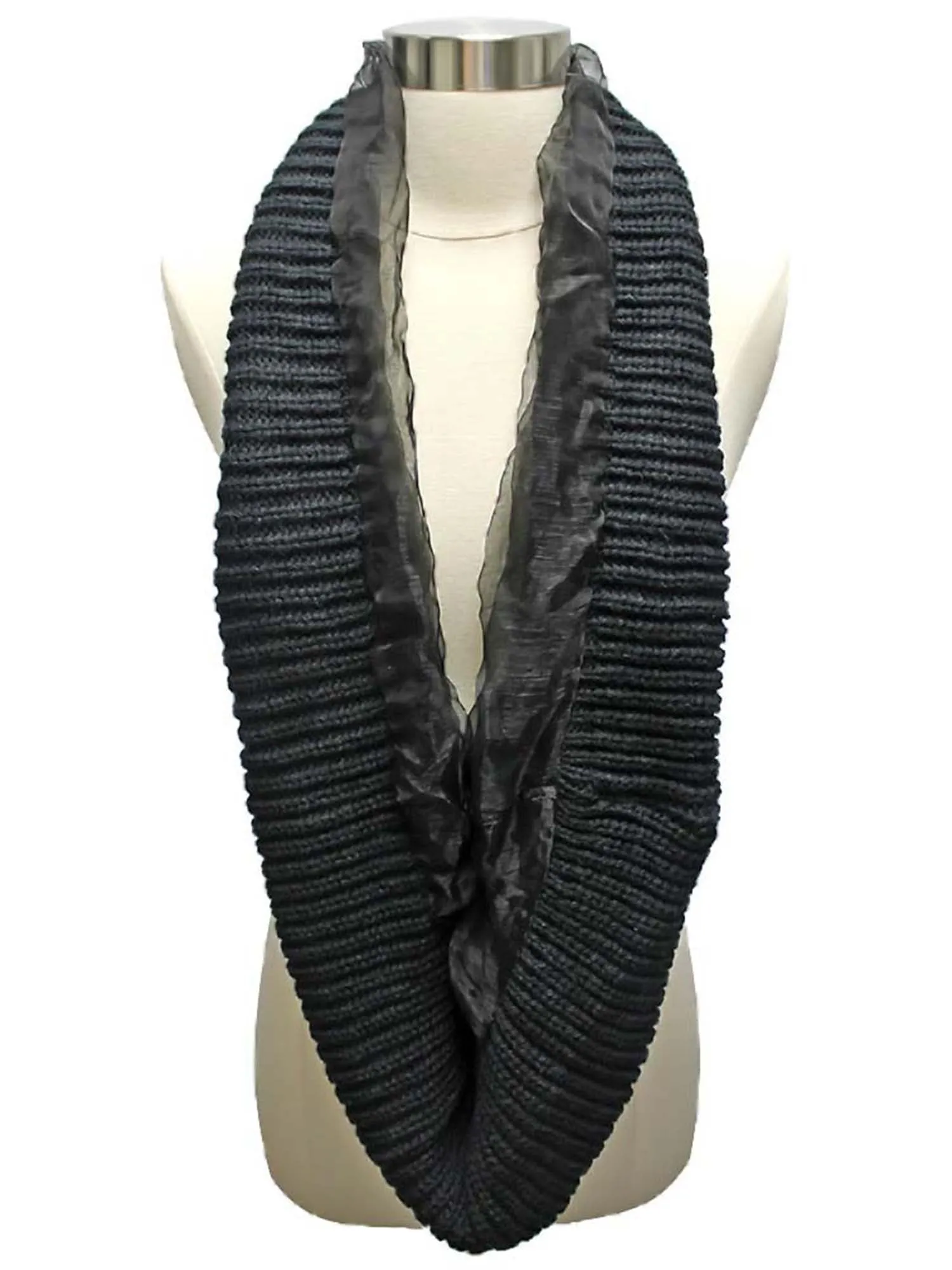 Ribbed Knit Circle Infinity Scarf With Chiffon