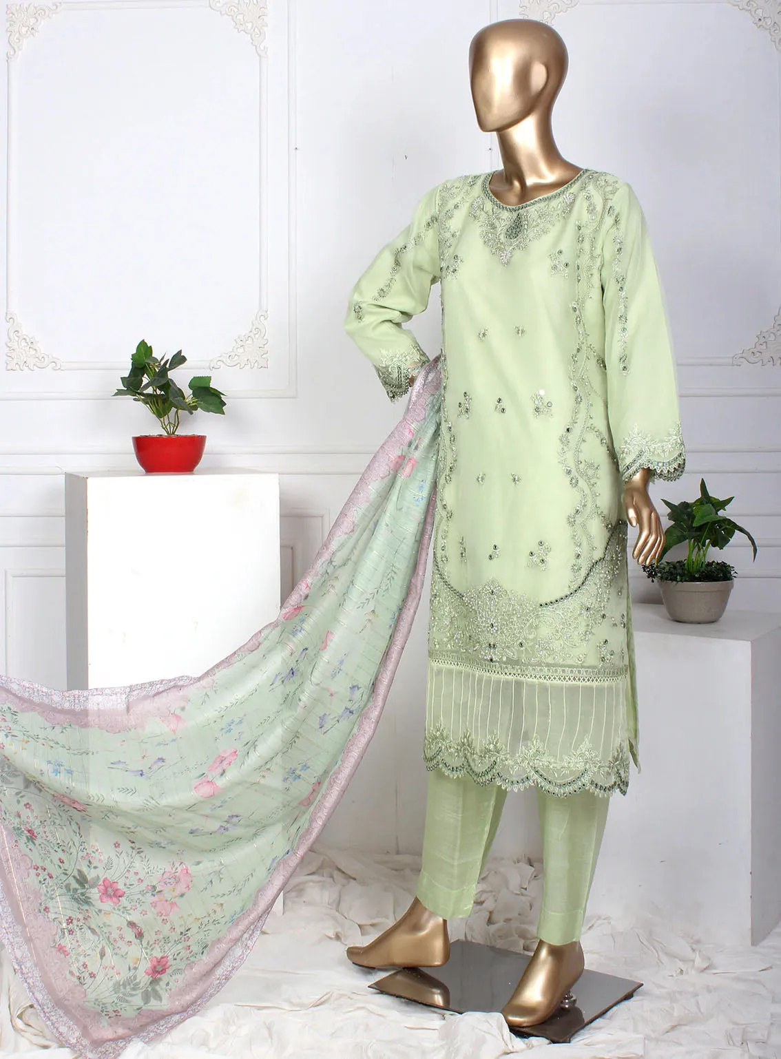 Romosh Fancy Embroidered Organza 3 Piece Stitched Suit - RNPC24FE RO-71 PISTACHIO PERFECTION