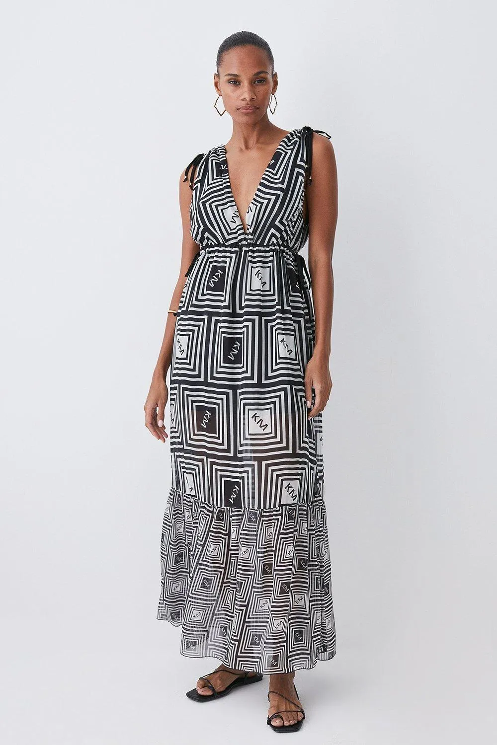 Silk Viscose Km Logo Tiered Maxi Beach Dress | Karen Millen