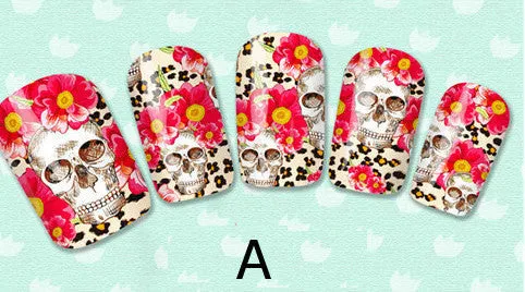 Skulls Nail Art Skulls and Flowers Nail Water Full Wraps