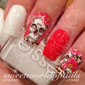 Skulls Nail Art Skulls and Flowers Nail Water Full Wraps