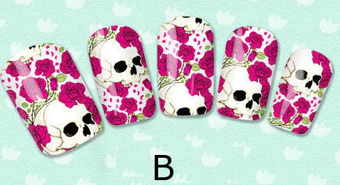 Skulls Nail Art Skulls and Flowers Nail Water Full Wraps