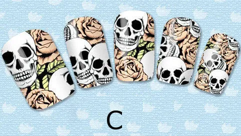 Skulls Nail Art Skulls and Flowers Nail Water Full Wraps