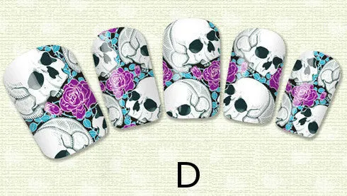 Skulls Nail Art Skulls and Flowers Nail Water Full Wraps