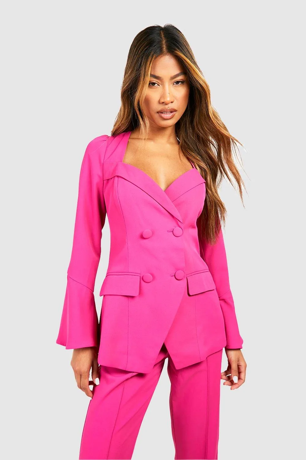 Sweetheart Neck Flared Sleeve Double Breasted Blazer