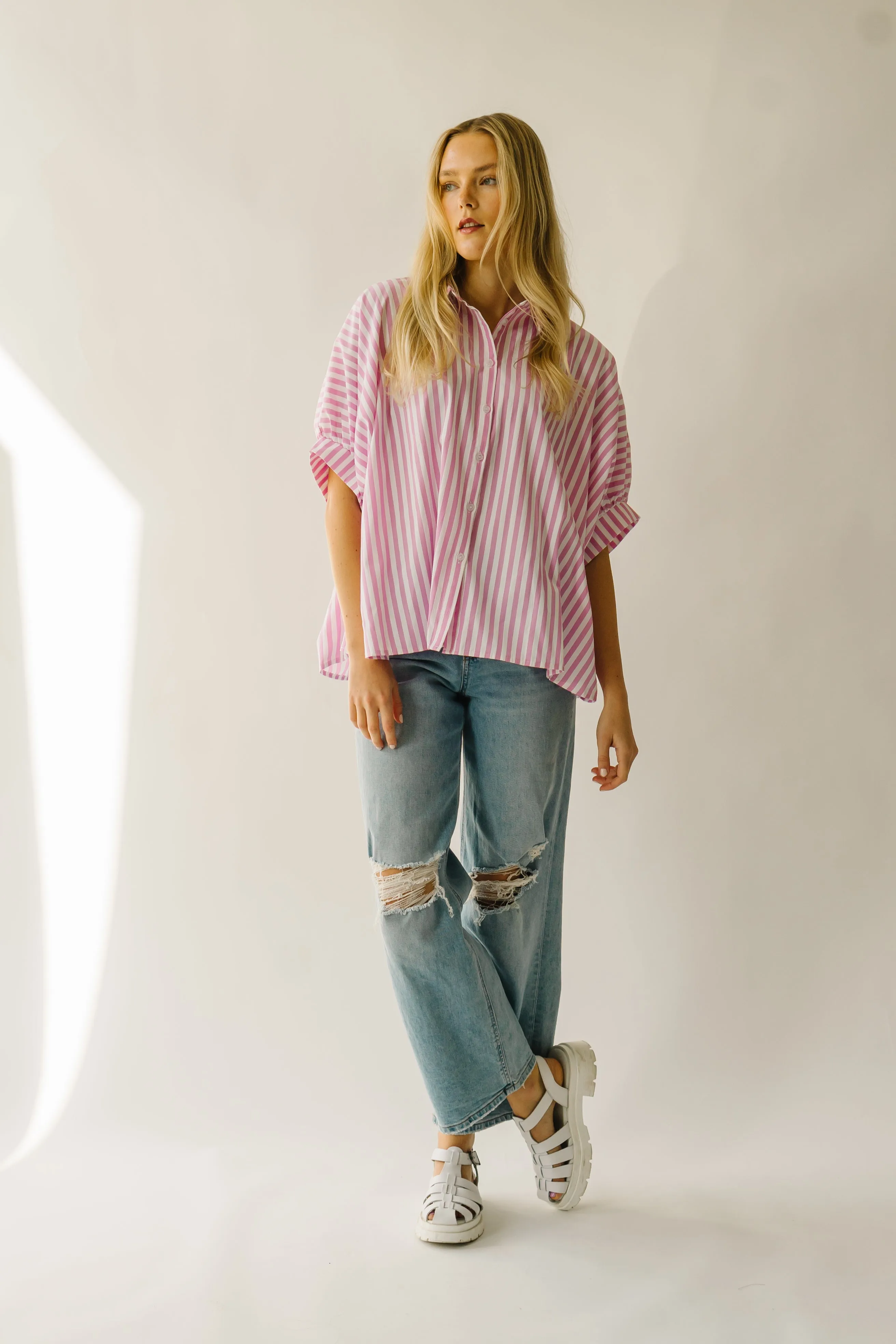 The Latham Oversized Button-Down Blouse in Pink + White Stripe