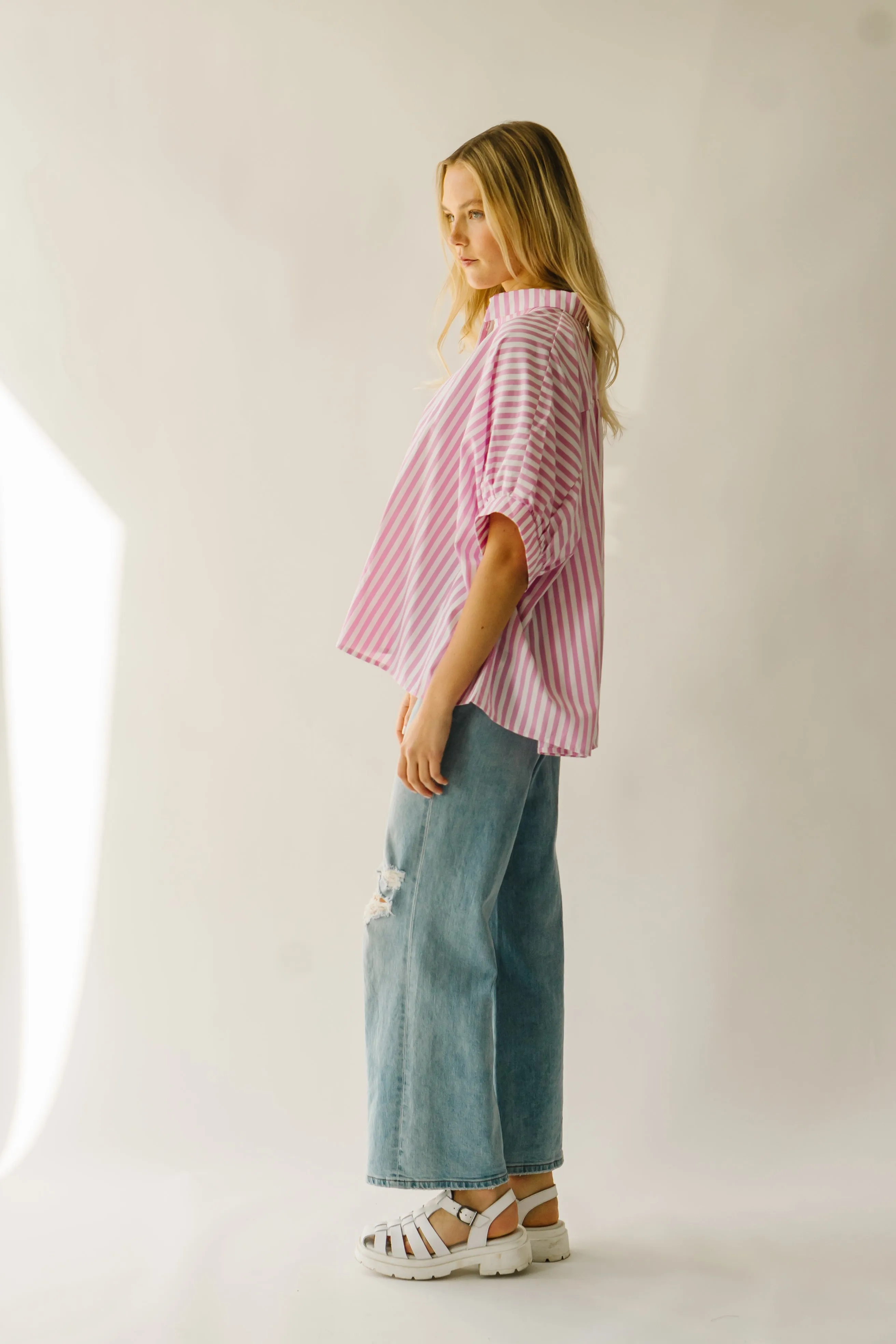 The Latham Oversized Button-Down Blouse in Pink + White Stripe