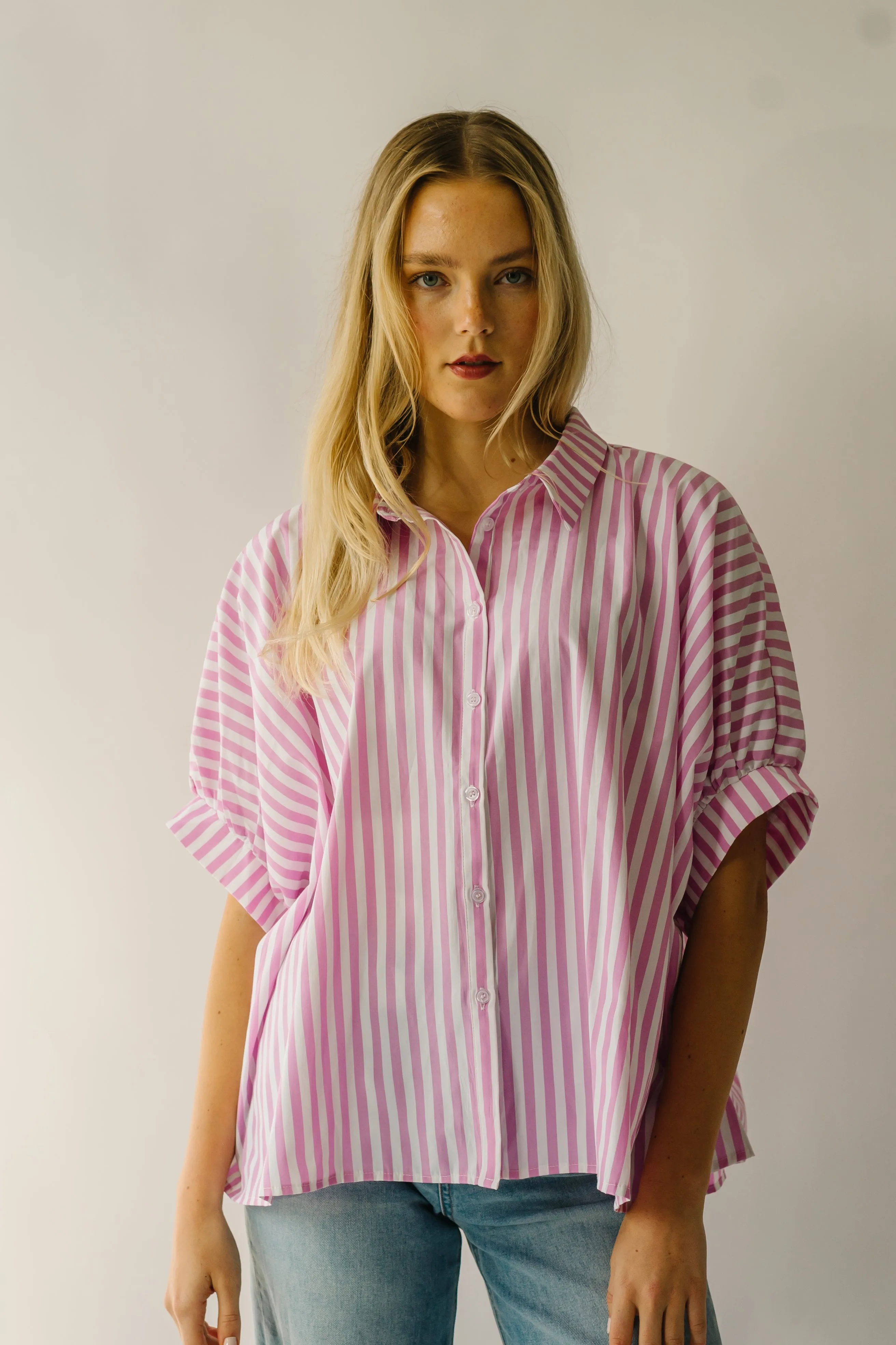 The Latham Oversized Button-Down Blouse in Pink + White Stripe