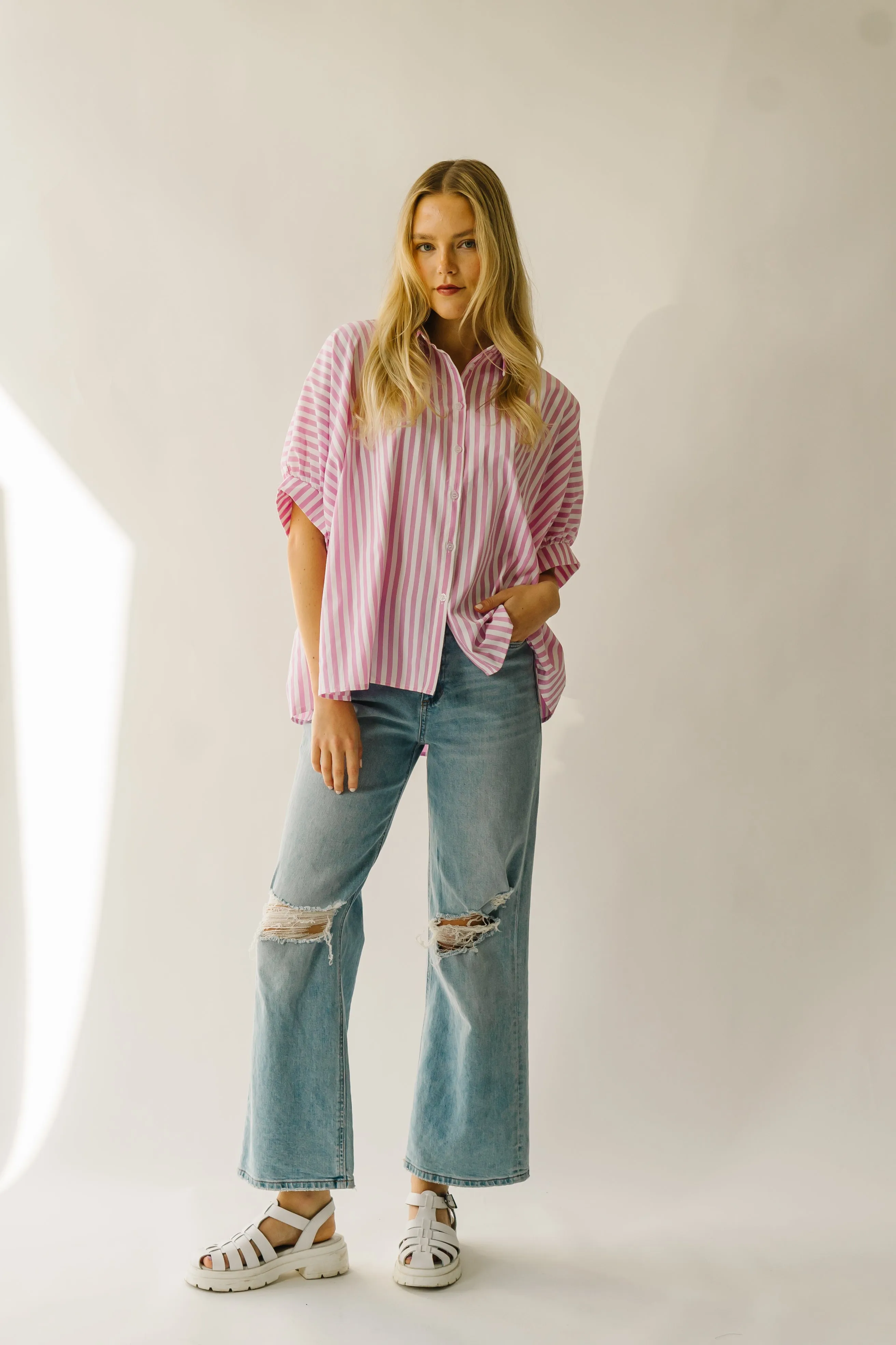 The Latham Oversized Button-Down Blouse in Pink + White Stripe